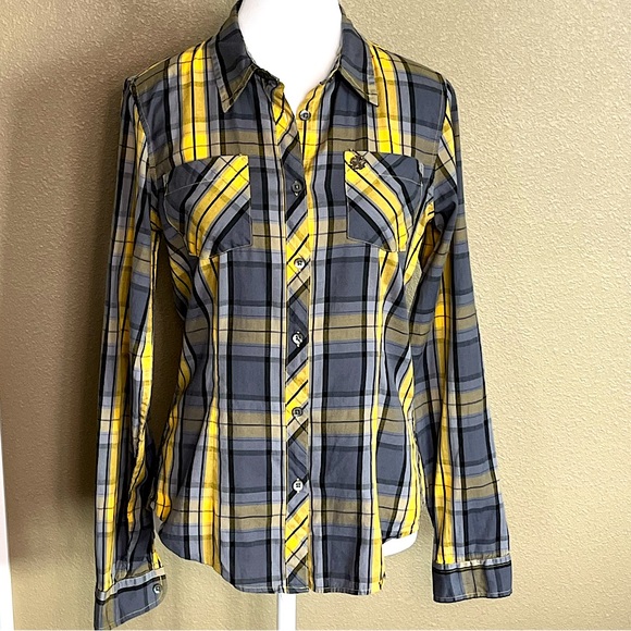 OBEY Lightweight Breathable Cotton Button Up Shirt Sz M Yellow Grey Western Boho - Picture 4 of 7